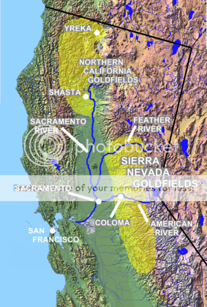 A physical California Gold Rush map showing the two major goldfield areas.